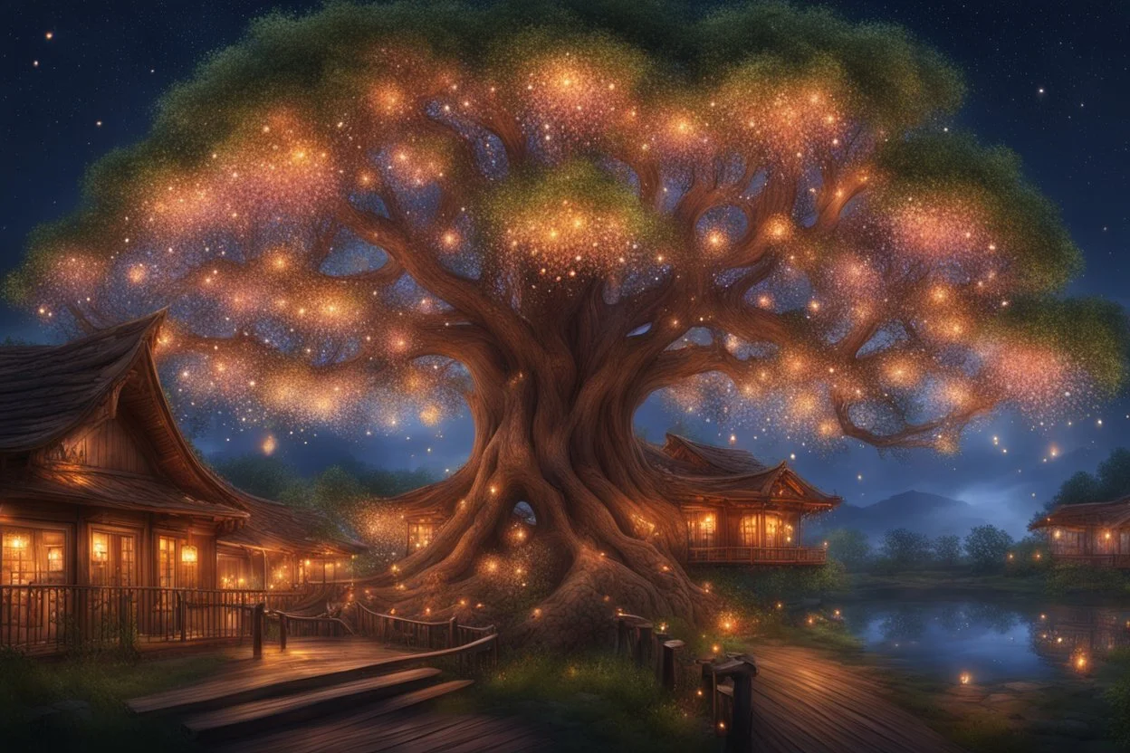 The tree of Heavens, huge tree floating heaven, warm and cozy, many huts on the tree, people, huge railing, firelights, blossoms, christmas decorations, fireflies, beautiful, Serene, Warm place