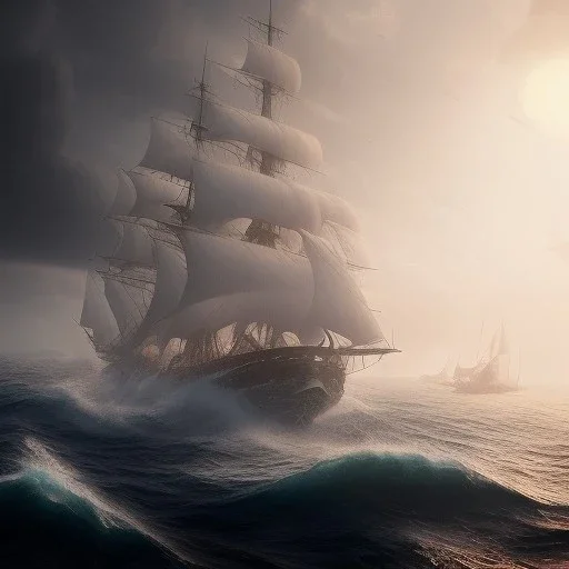 photo of a ultra realistic sailing ship, dramatic light, pale sunrise, cinematic lighting, battered, low angle, trending on artstation, 4k, hyper realistic, focused, extreme details, unreal engine 5, cinematic, masterpiece, art by studio ghibli, intricate artwork by john william turner