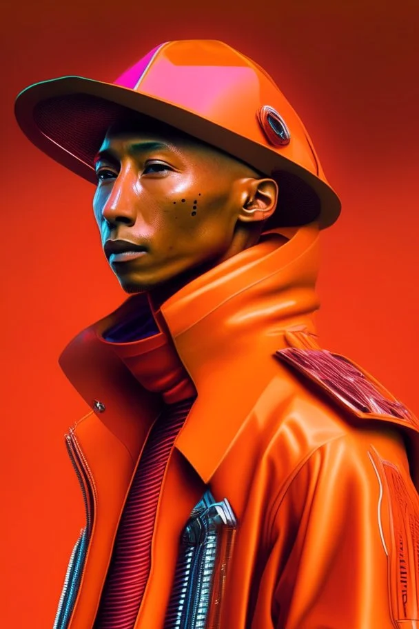 Pharrell Williams dressing in orange, cyberpunk, ultra realistic