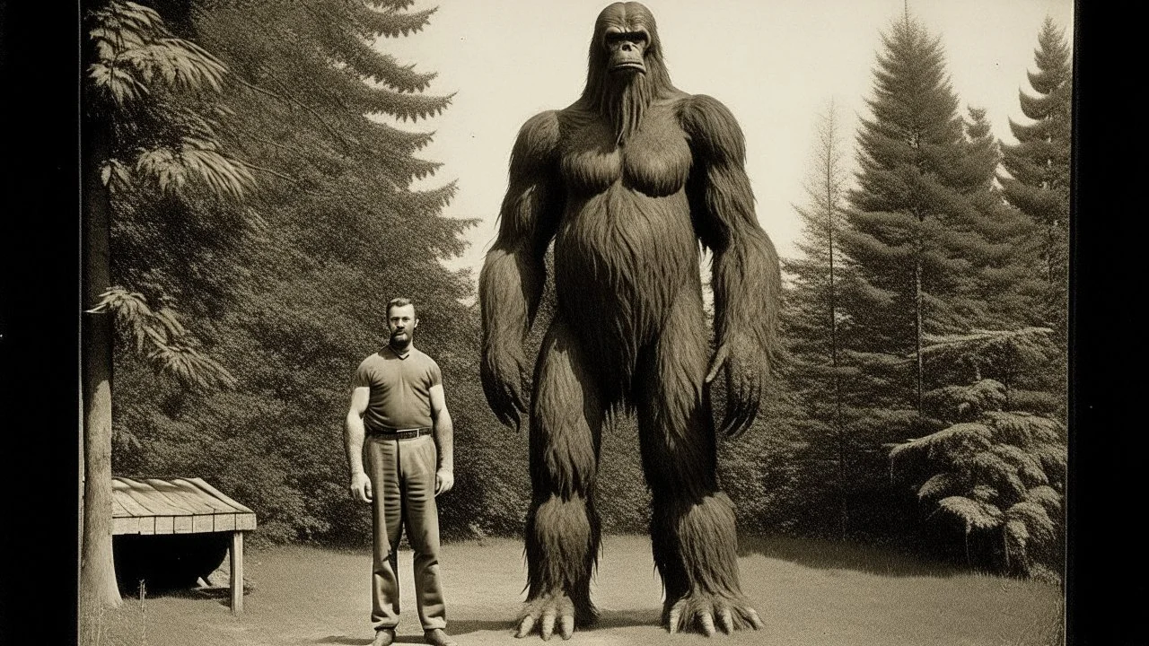 Ultra realistic, vintage photo, detailed features, 10 foot tall Big Foot standing with rural American farmers