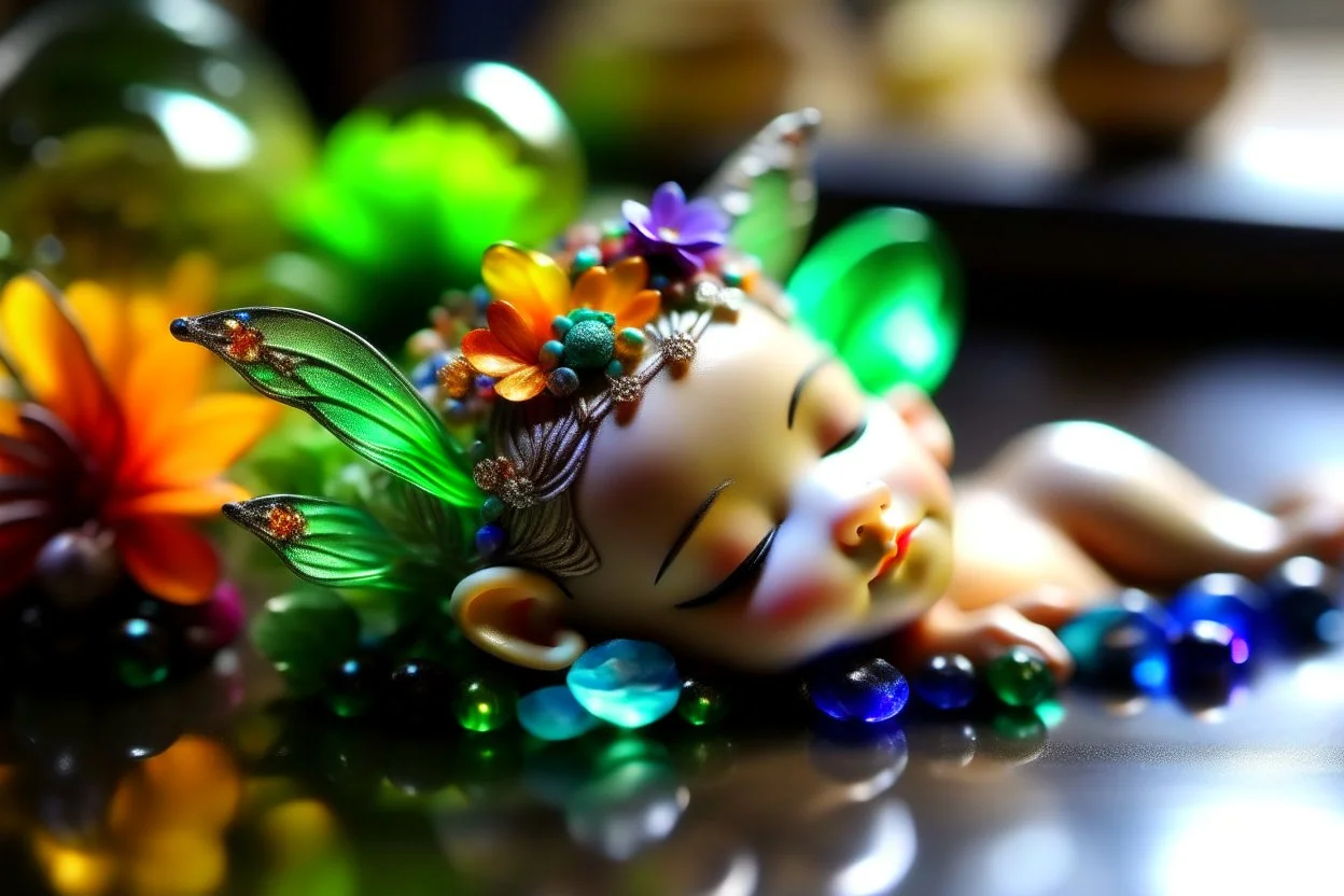 closeup, cute chibi sleeping fairy, Coloured glass flowers set with gemstones, glittering metal stems and gemstone leaves on a room table sharp focus elegant extremely detailed intricate very attractive beautiful dynamic lighting fantastic view crisp quality exquisite detail in the sunshine gems and jewels