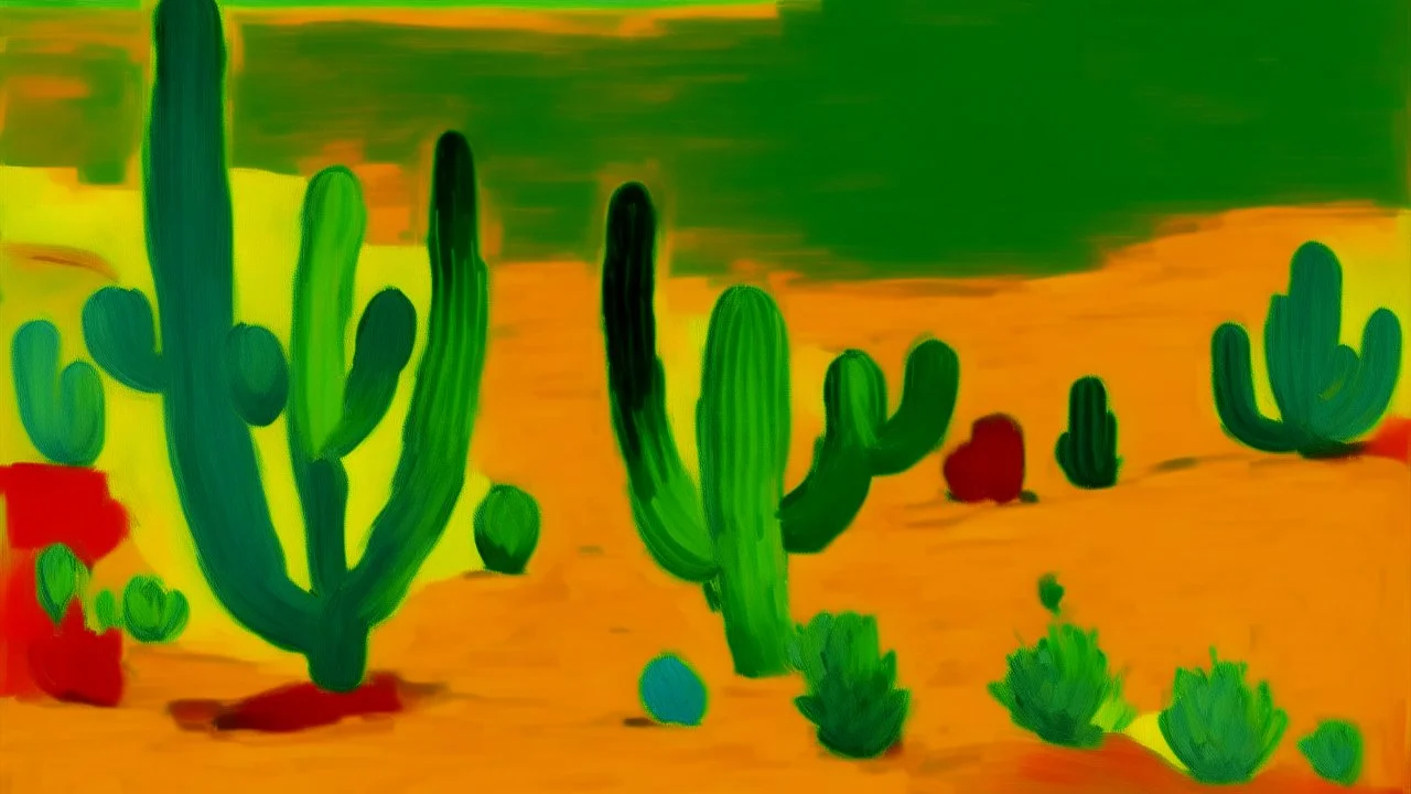 A yellow desert with cactuses in daylight painted by Alexej von Jawlensky