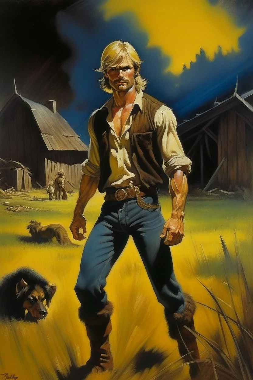 1970's dark fantasy cover dnd style oil painting of a hobo skinny farmer entrepeneur blonde man with sport outfits with minimalist far perspective. Magazine.