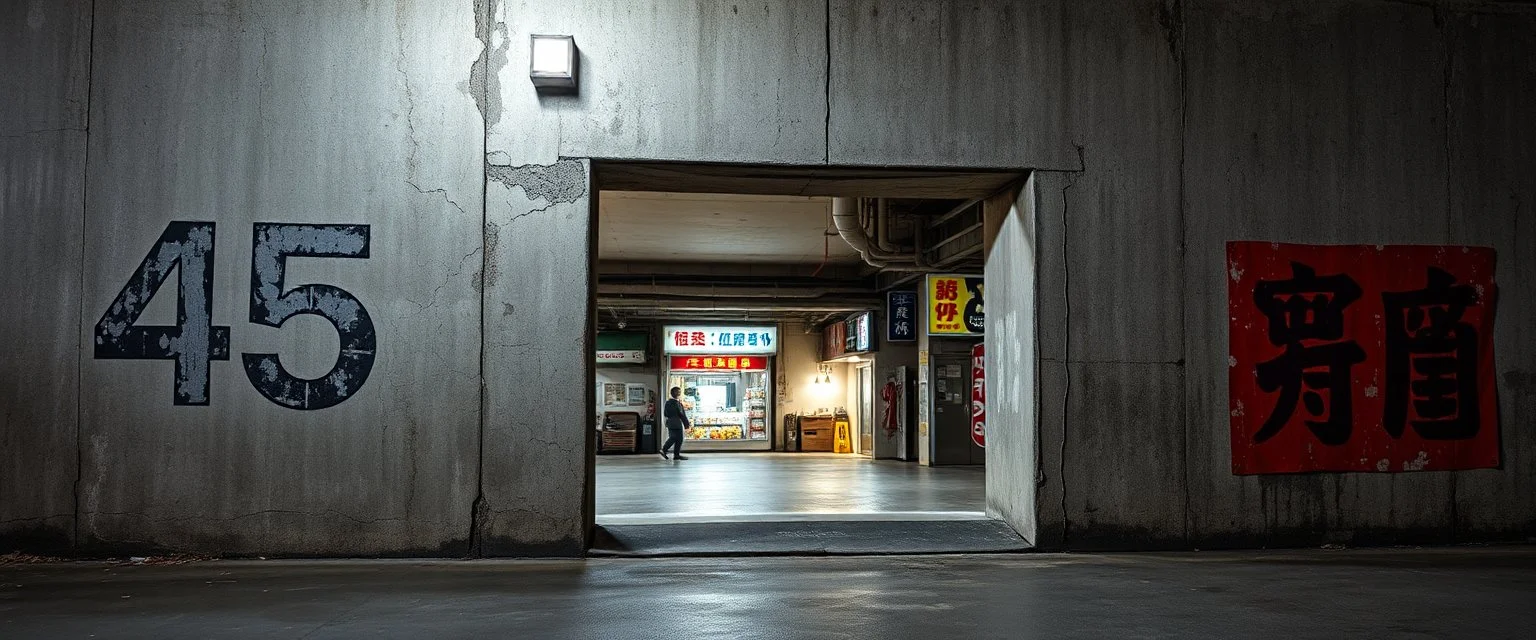 background of wall(wet textured concrete, gray, old, cracked, stained, 1 wall light) from underground parking, hong kong style, a large number "45" painted on left(old faded paint), at middle is an opening into an area with asian shops(poorly lit), cyberpunk, to the right of opening a faded painted rectangle