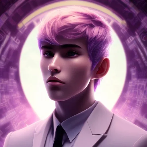 man, cute face, white highlight hair, brown eye, white, skin, purple suits, futuristic, science, purple, blue, dark pink background lighting, technology, profile, asian boy, square face, light orange