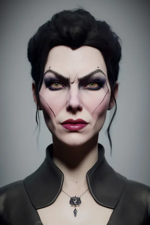 Lene Nystrøm as evil queen in black leather, busty, cleavage, voluptuous, angry, stern look. character design by cory loftis, fenghua zhong, ryohei hase, ismail inceoglu and ruan jia. unreal engine 5, artistic lighting, highly detailed, photorealistic, fantasy