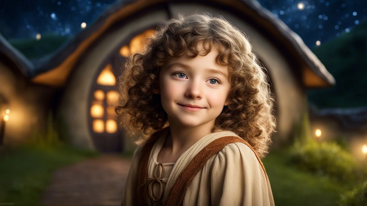 Little very young hobbit girl, beautiful, confident, calm, wise, happy, innocent, facing camera, head and shoulders, curly hair, hobbit clothing, perfect eyes, LOTR village, hobbit homes with circular windows and circular doors, night scene, stars, fireflies, 16k artistic photography, exquisite composition, photorealistic concept art, soft natural volumetric light, chiaroscuro, award-winning photograph, masterpiece, style William-Adolphe Bouguereau