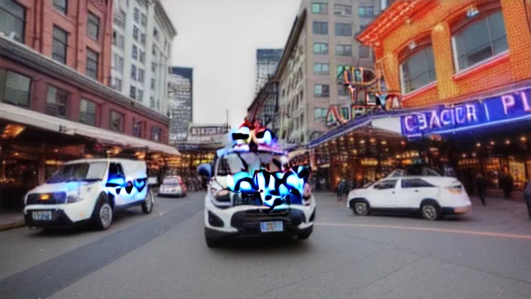 A police Tesla Cybertruck is chasing a Tesla 'Model S Plaid' at top speed, across the 'Pike Place Market', in Seattle. CINEMATIC. WIDE ANGLE LENS. PHOTO REAL.