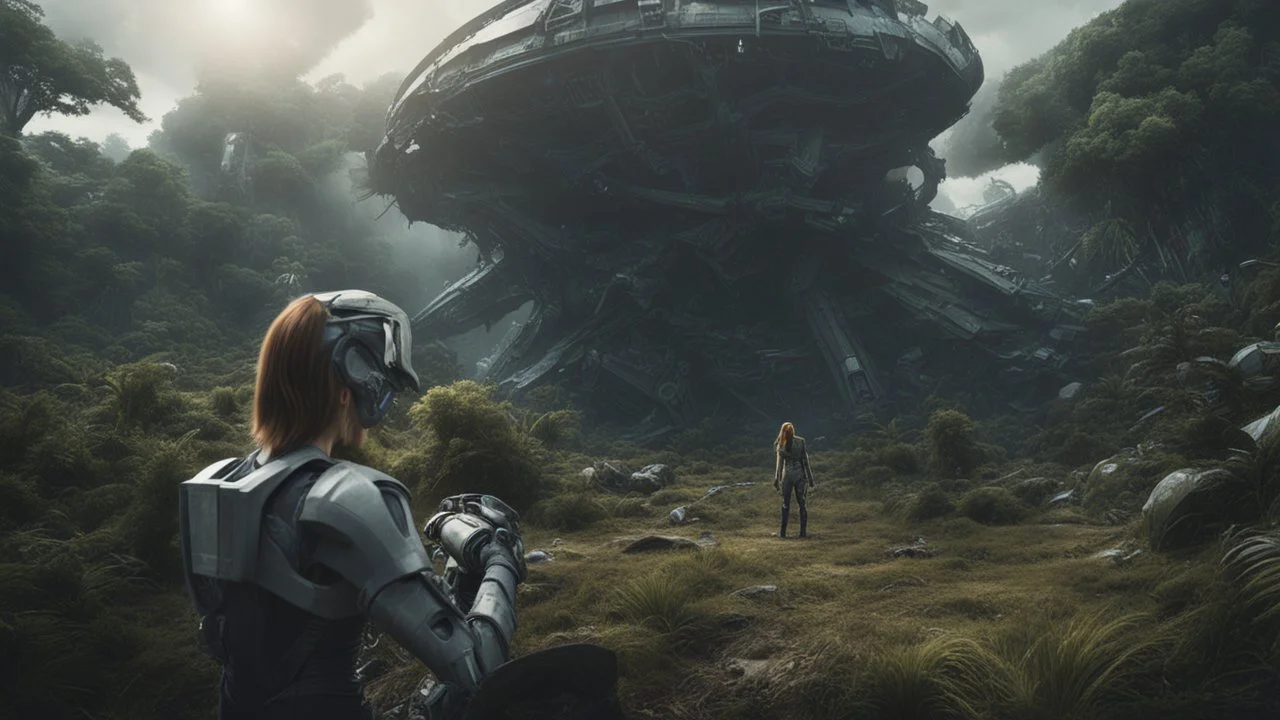 Wide-angle, woman with straight hair, dressed like a robot, with equipment in her hands, next to a crashed spaceship, in a clearing on an alien jungle world