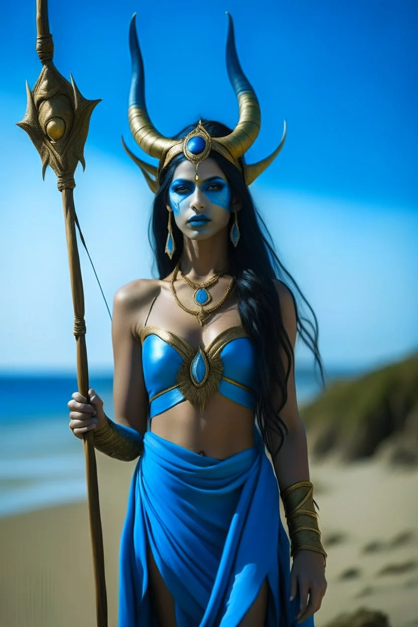 A picture of a beautiful "blue" faced indian goddess with skin painted blue, "blue painted body", blue painted torso, wild black hair, stag antlers, elven ears, golden skirt, holding a staff on a sunny beach