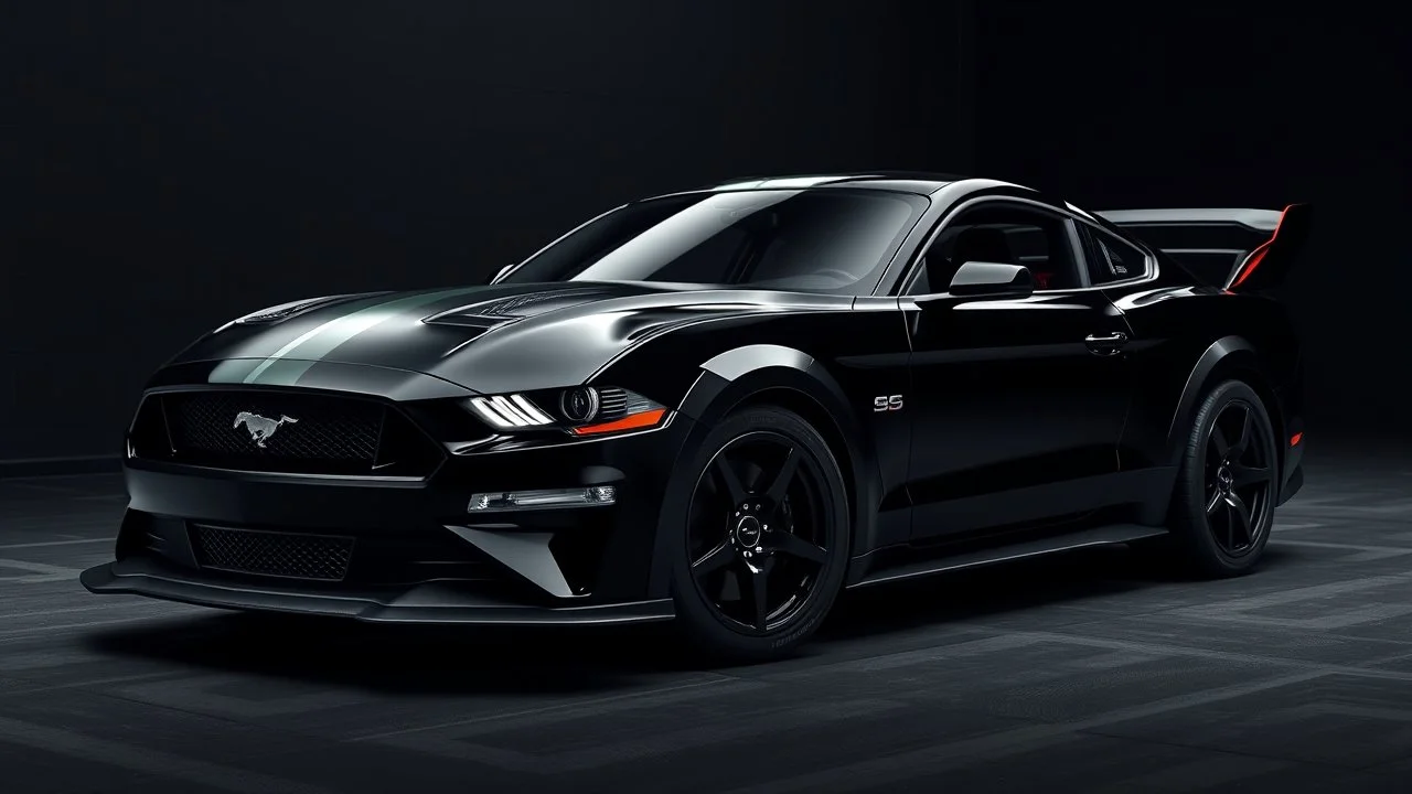 a black 2025 ford mustang dark horse with a large spoiler crossed with the batmobile