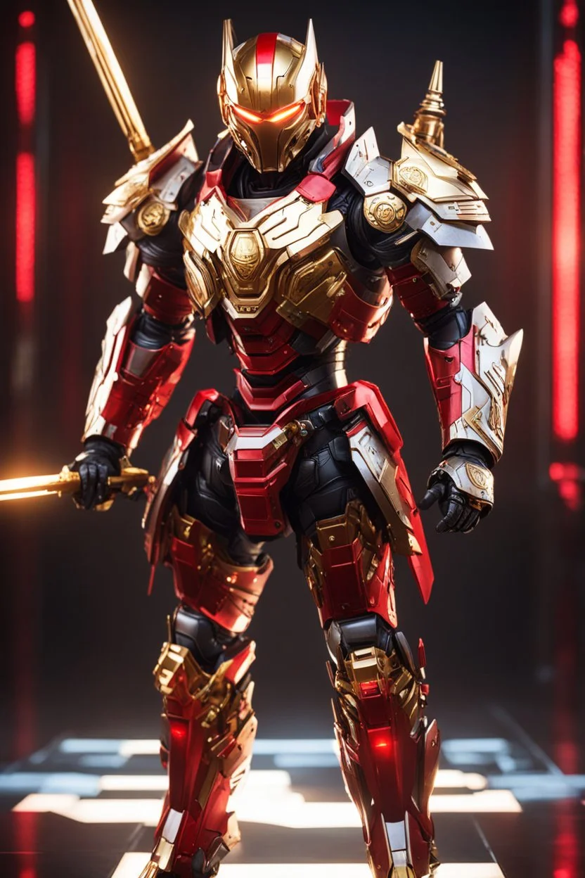 Ninja assasin mechanical robo warrior character, anthropomorphic figure, wearing futuristic mecha warrior armor and weapons, reflection mapping, realistic figure, hyperdetailed, cinematic lighting photography, 32k uhd with a golden staff, red lighting on suit