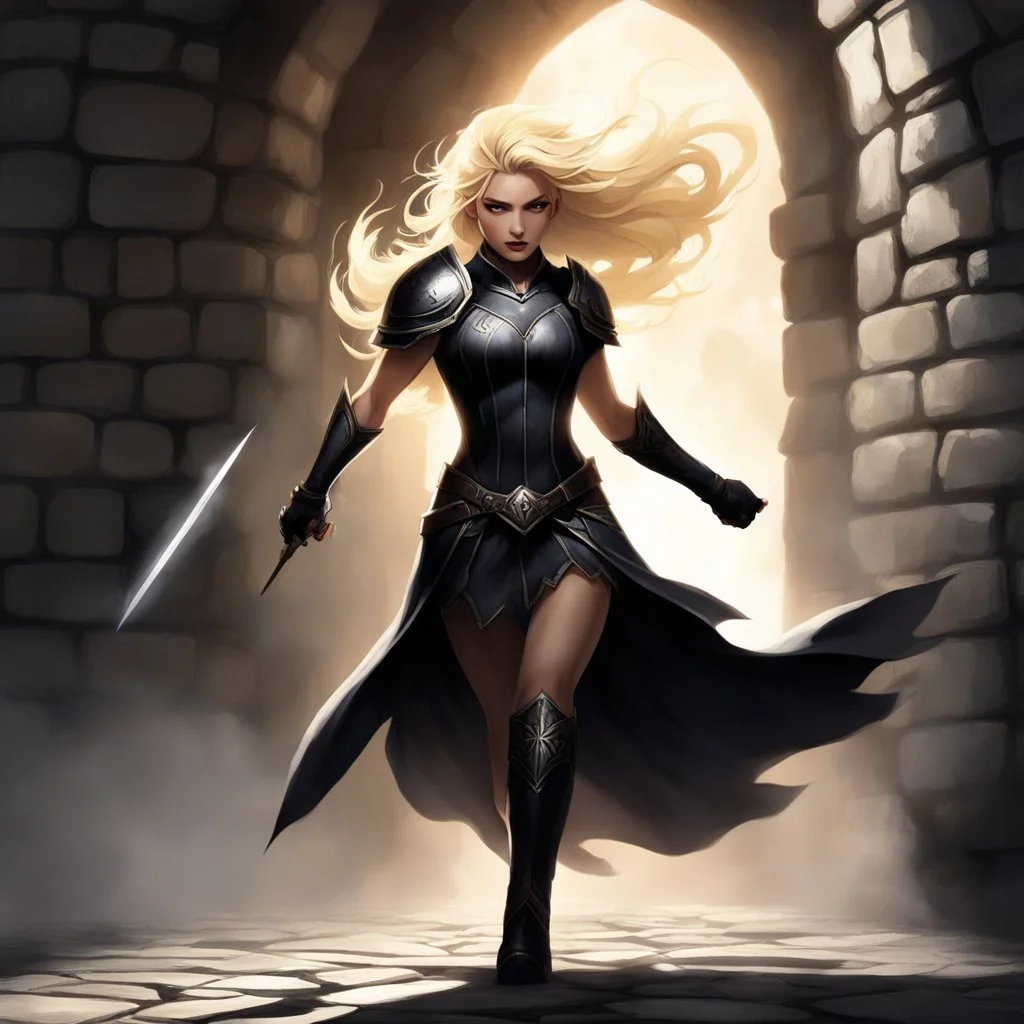 she launches herself forward, a blur of blonde hair and scarred skin. The shadow-thing recoils, its form wavering like smoke caught in a draft, but you are already on it. Her shield slams into its midsection, flattening the mass of darkness against the stone wall. It squeals—a sound like tearing parchment—and she twists, pinning it there with all her weight. The black ooze of its substance smears across the rock beneath her, slick and cold against her boots.