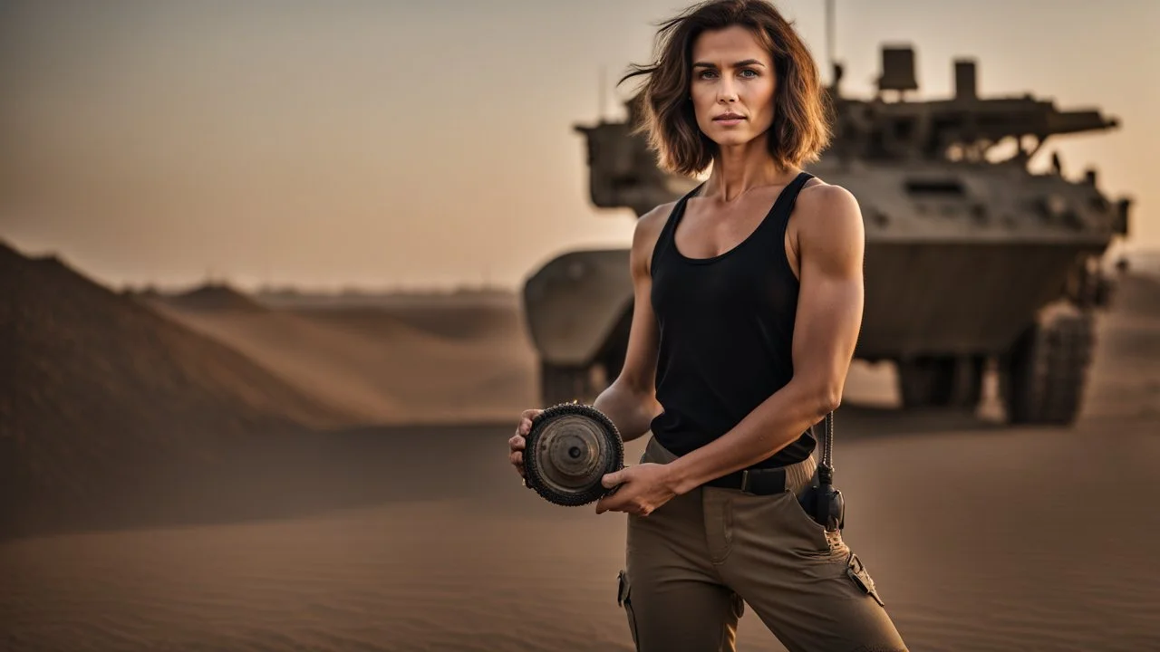 beautiful slender caucasian female technician, black tank top, well toned muscles, weathered face, scratched sand camo metal details, short brunette wavy bob haircut, dystopian, desert scene, using a handheld sensor