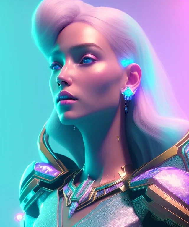 A portrait of a crystalised queen, atmospheric, realistic, unreal engine, cinematic lighting, octane render, transoarent, pink turquoise light