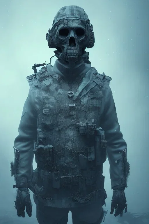 British ghost soldier, high tech skull special forces mask, white smoke, dark, rage, sorrow, high definition, ultra 8 k, volumetric lighting, blue fire, fog