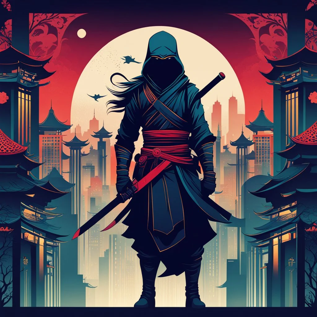 Ilustración minimalista de un ninja arte nouveau lineal colores contrastantes calidad ultra fondo ciudad