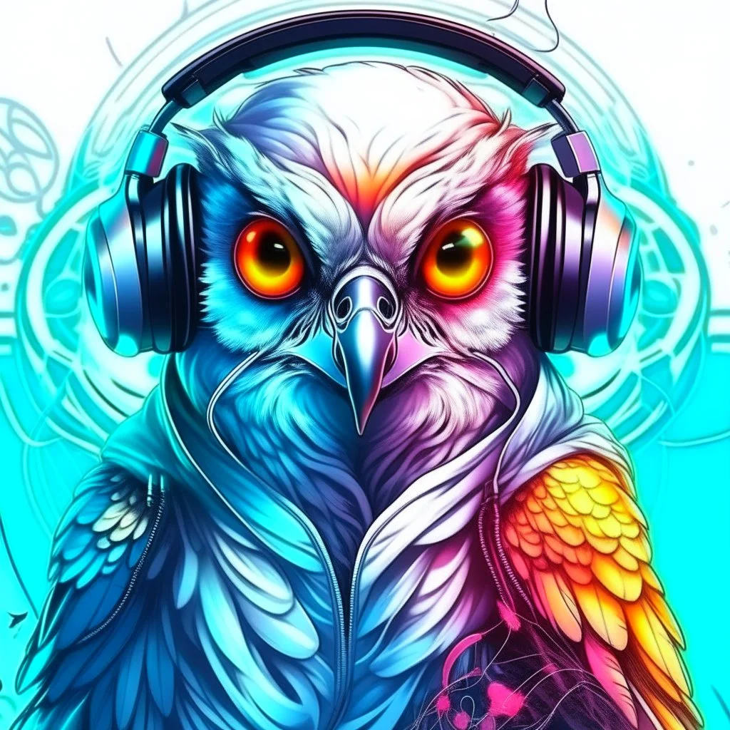 Illustrative sketch of a humanoid owl in music with headphones, ultra quality, hyper detailed, graffiti, concept art, maximalism, 8k