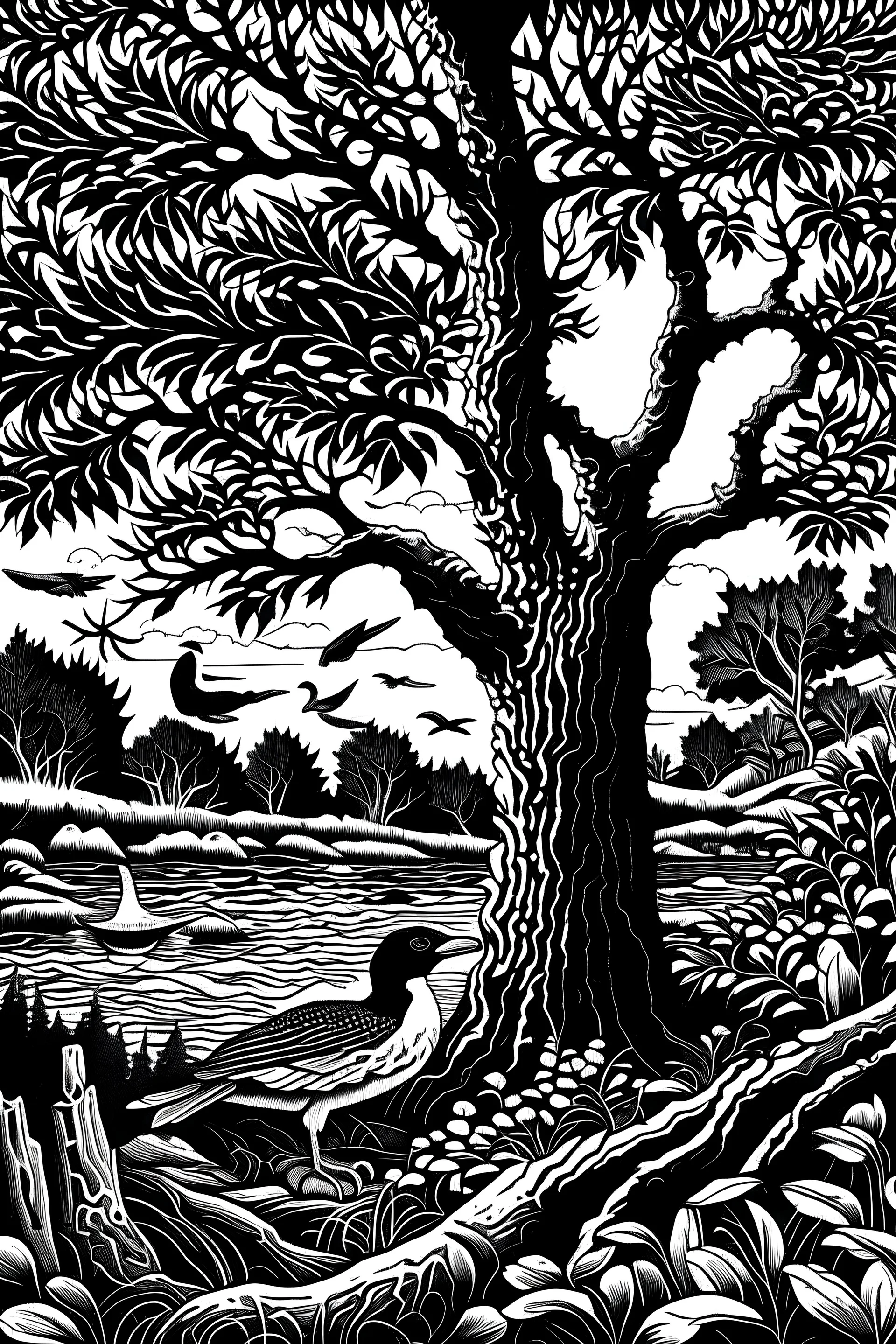 Bach, schwarz weiss, fasan auf baum, fische, krebse, würmer, bäume, wasser, feinere Konturen, leb,