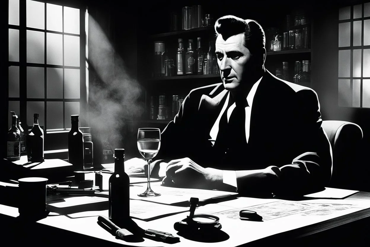 Mickey Spillane’s Mike Hammer in the shadows of his detective office, he is a silhouette, a bottle of whiskey and a glass on the desk, a cigare fumes in his hand extended to the glass. The silhouette could be a man or a woman