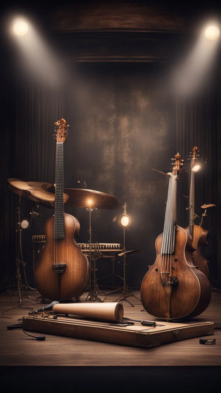 Hyper Realistic musical instruments orchestra on a dark vintage designed stage with dark grungy rustic background & vintage lights