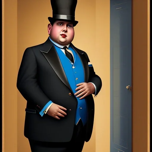 A half body portrait of a 1930s Italian-American businessman in his late 20s with a black bowler hat and a blue suit. He is obese and has black hair