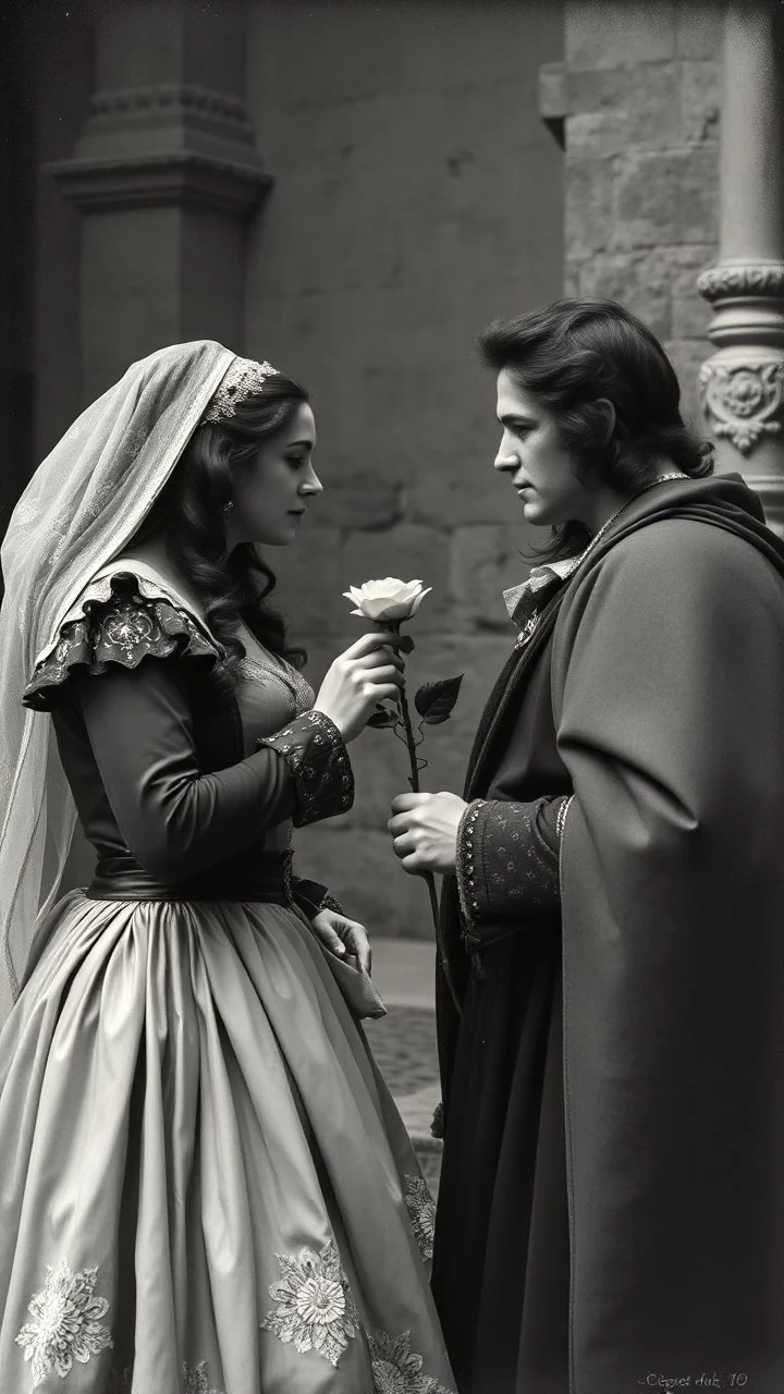 An old picture style of black and white mono very bad quality looks very old camera picture of Romeo is giving a rose to Juliet both dress as royal year 1400