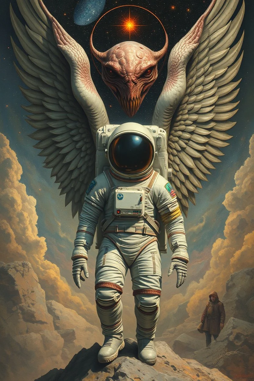 Bosch painting style, an astronaut surrounded by beautiful large strange thing with wings behind him as protector