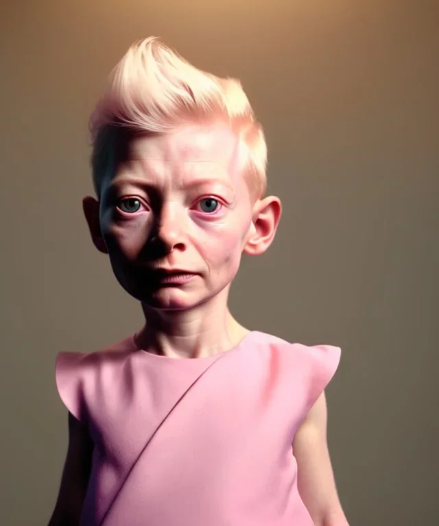 Tilda swinton toddler, full body, shoe, dress, soft skin, dramatic lighting, hyper realistic