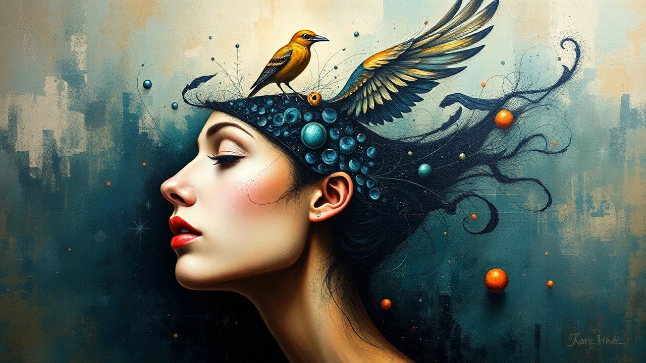 painting of a woman with a bird on her head and a bird on her head, surrealist painting, surrealist artwork, emotional surrealist art, abstract surrealist, a surrealist painting, surrealist art , abstract surrealism, abstract surrealism masterpiece, surreal painting, contemporary surrealism, magically shaped surrealism