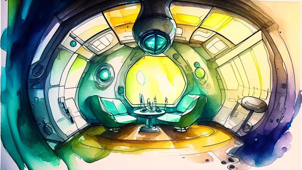 Make an Alien spaceship interior , watercolour painting