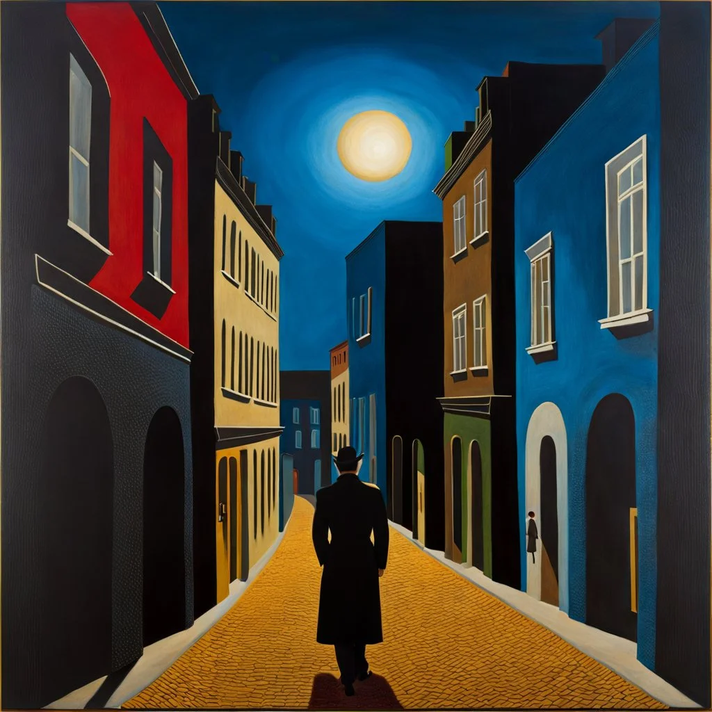 street made of felt, volumetric light, noon-light, nightmare, people, René Magritte