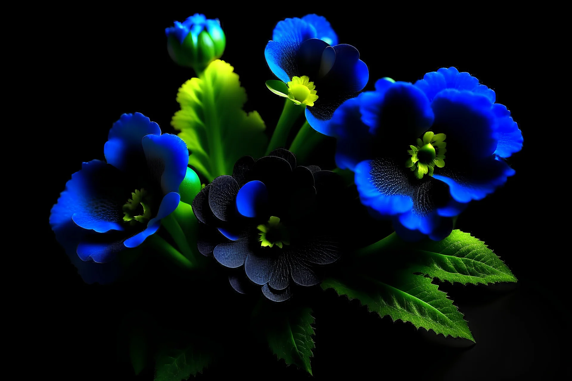 Create small bouquet blue pansy colour and black background