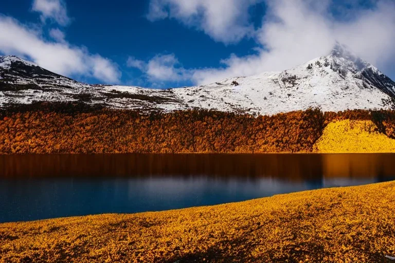 Portrait d’une montagne enneigé au bord d’un petit lac jaune en automne