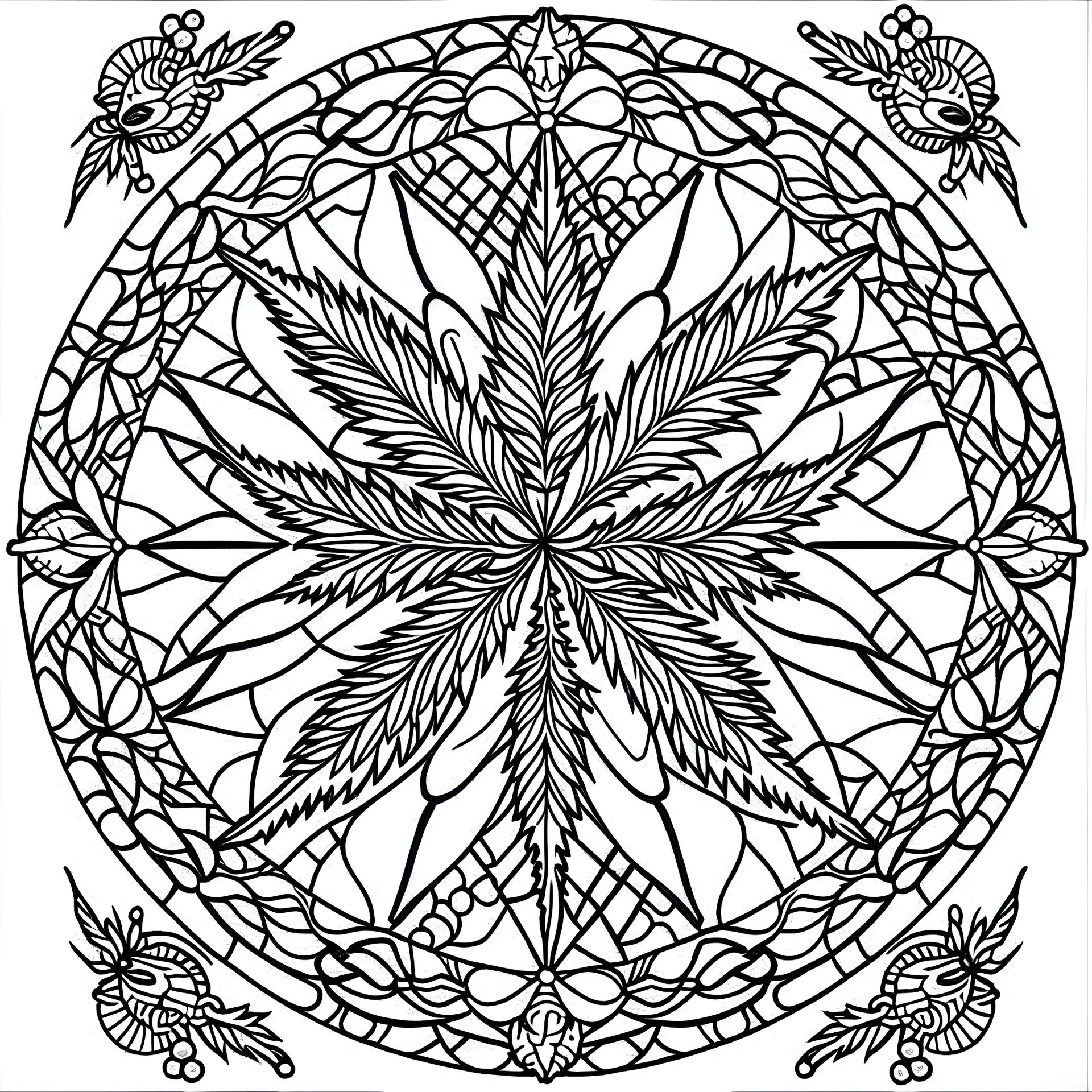 outline art for stoners coloring pages with A very simple stained glass style design featuring swirling smoke patterns and intricate cannabis leaf details., white background, sketch style, fully body, only use outline, mandala style, clean line art, white background, no shadows and clear and well outlined