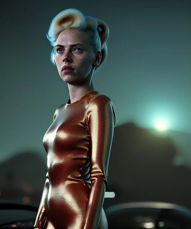 retro sci-fi portrait image from 1990, supermarket parking explosion, fire, scared people, blonde woman walking, young Scarlett Johansson face, tight latex suit, soft color, highly detailed, unreal engine 5, ray tracing, RTX, lumen lighting, ultra detail, volumetric lighting, 3d, finely drawn, high definition, high resolution.