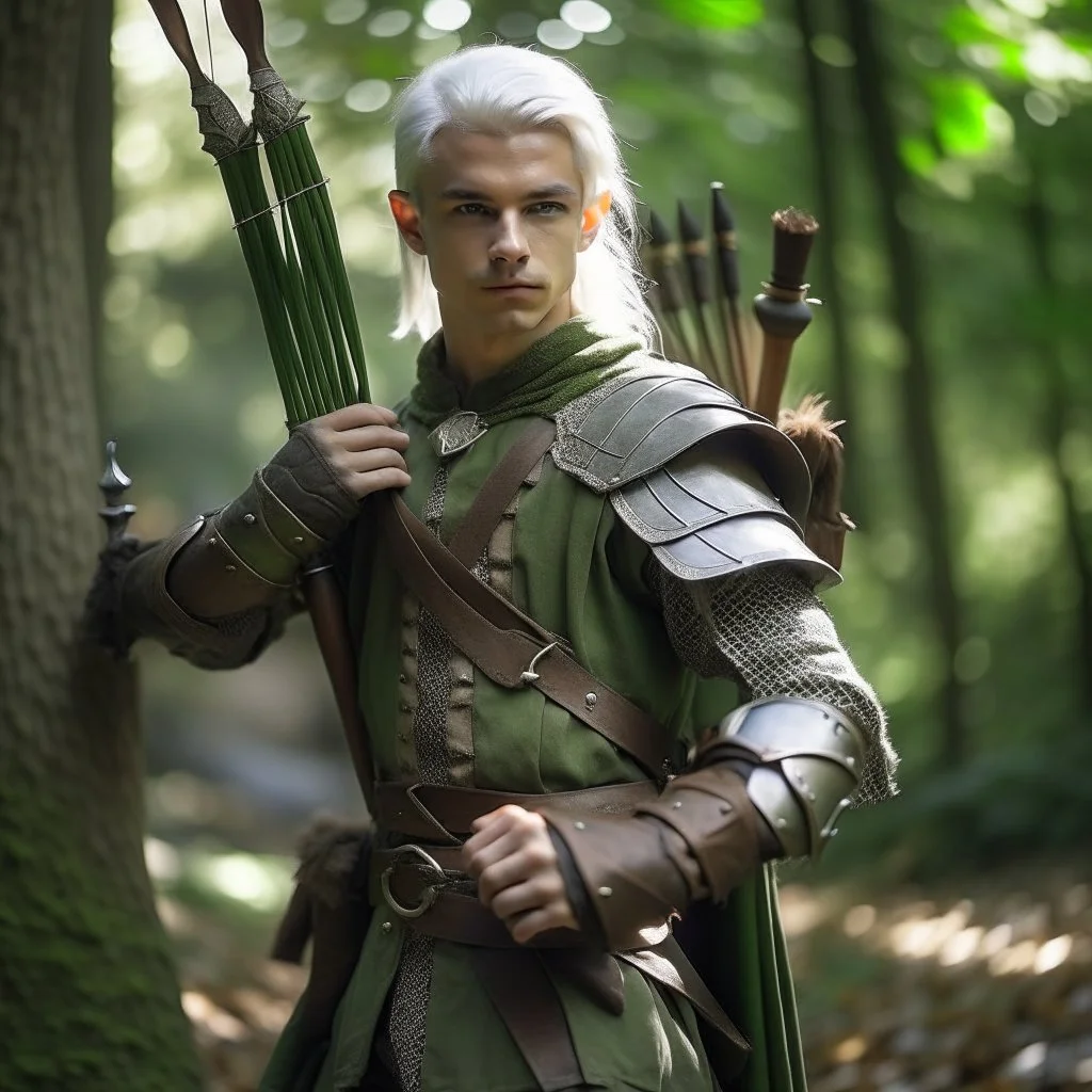 Please create an image for a young elven male with light brown skin, silver hair, and green eyes. He is standing outside in the forest during springtime, carrying a crossbow. There is another walking suit of armor in the background