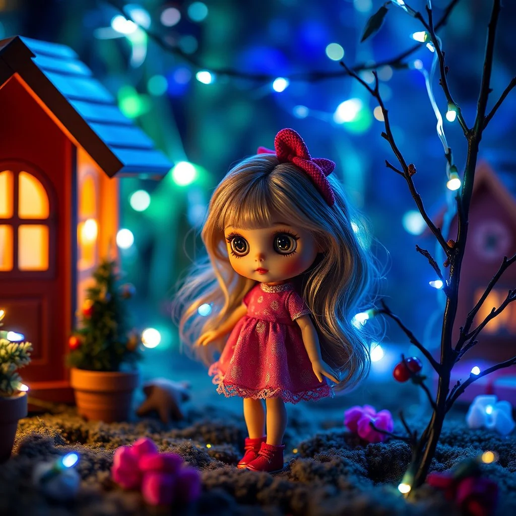 A blythe dolls surpised, in fairy lights