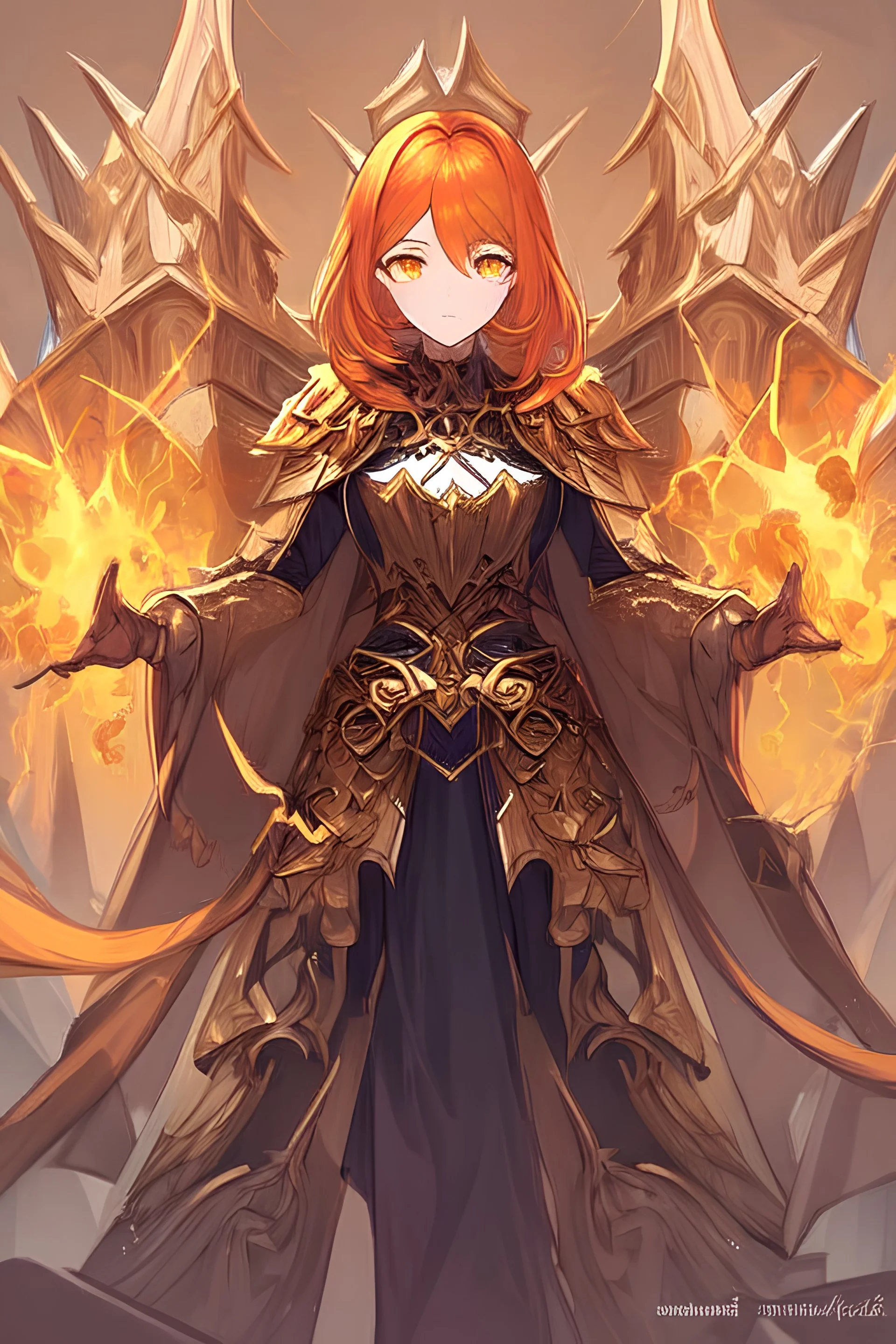 Dark Paladin, orange hair, orange eyes, standing in front of dark castle, Female, similar to berserk