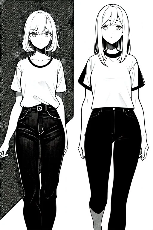 two girls dressed in jeans and a T-shirt walk in the city, line arts, greyscale