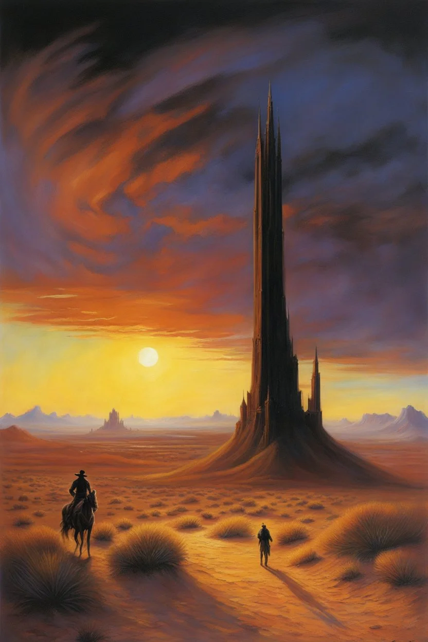 the Dark Tower seen across a hot desert. painted by Jeff easley