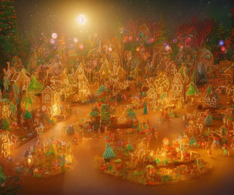 gingerbread candy village, colorful, fantasy, fairytale, intricate, forest, fireflies, flowers, halloween, christmas, hansel and gretel, bokeh, medium shot, visually stunning, depth of field 100mm ( cinematic scene, studio lighting, matte painting, concept art, trending on artstation, artgerm, cgsociety )