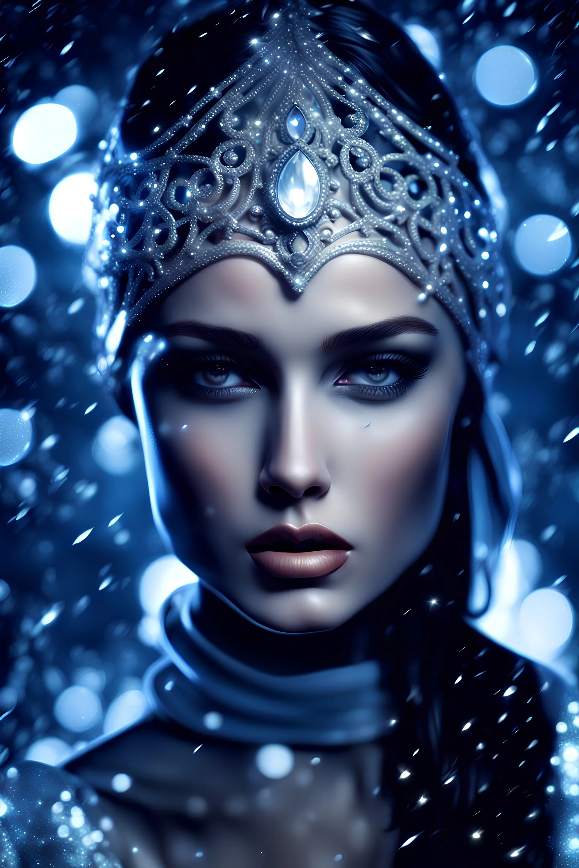 Amazing beautiful young woman portrait, winter, snow, sparkles, sparkling, diffuse_mystical lighting, bokeh, intricate, elegant, highly detailed, dramatic, filigree, lifelike, photorealistic, digital painting, realistic art, smooth, sharp focus, naturalism, photography by Helmut Newton, mystic fashion lighting, 3D, glowing