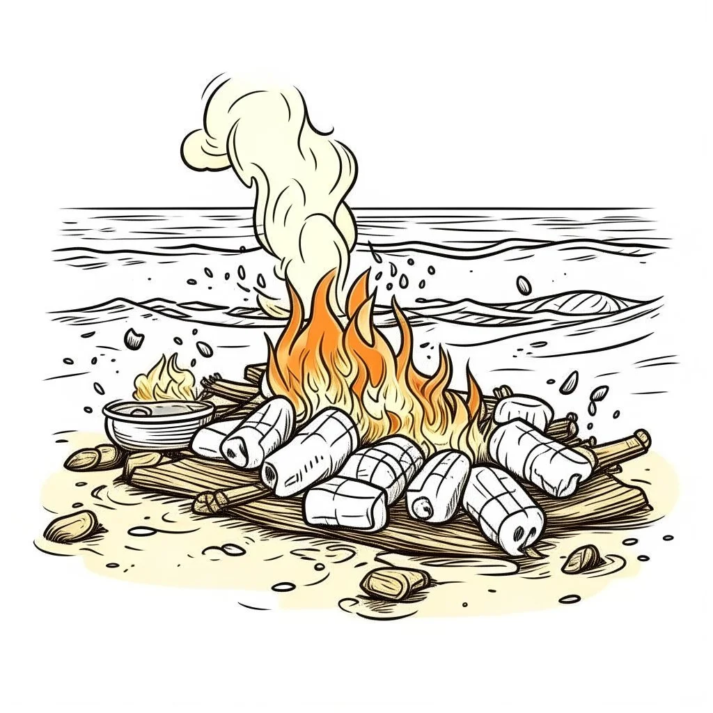 A beach bonfire with marshmallows roasting, cozy, festive, warm firelight, T-shirt design graphic, vector, contour, white background