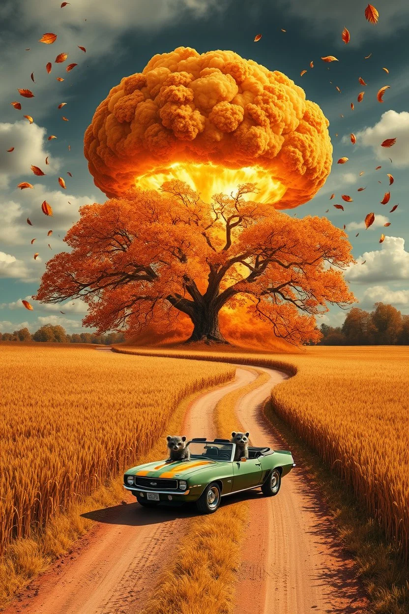 a nuclear explosion mushroom cloud that looks like a autumn tree full of leaves, leaves falling everywhere. bottom 2/3 is a curved dirt road through a wheat field, a wind is blowing away from the tree. a business front is in the middle of the left field, on the road and close to the font is a 1970 Camaro convertible with 2 animated racoons inside