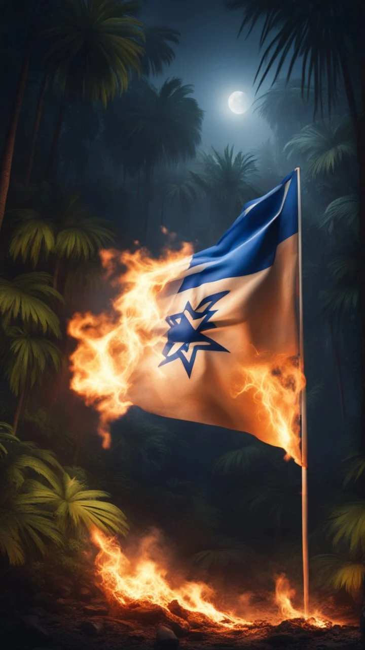 Hyper realistic burning israel flag at night in a jungle