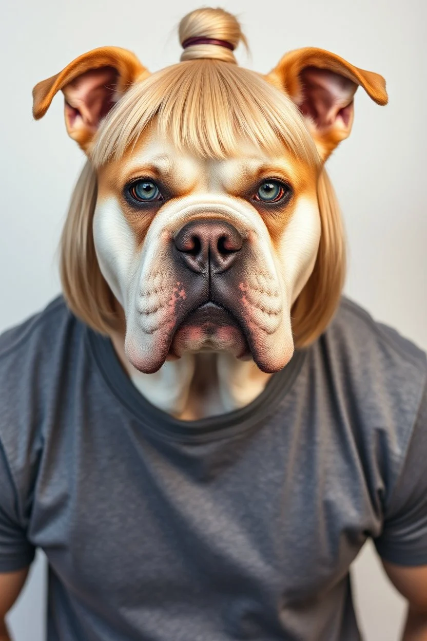 A portrait of an attractive stern bulldog with wig, shoulder-length blond hair tied in a tight knot, pale skin,light green eyes, muscular build, wearing grey t-shirt