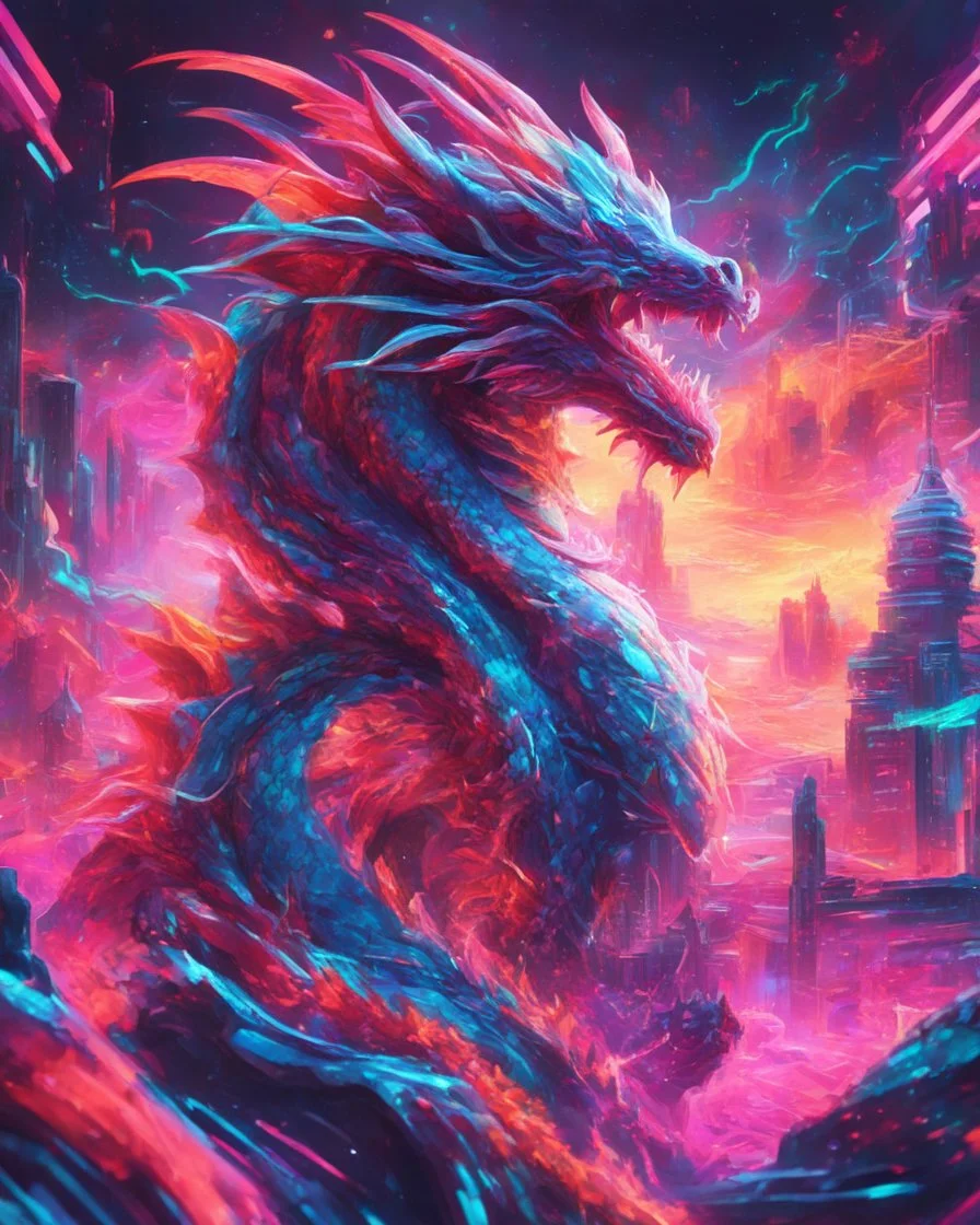 Close up shot, Dragon in a vibrant synthwave dreamscape, neon chaos swirling energetically around pixelated forms, a dynamic fusion of retro gaming nostalgia and futuristic abstraction