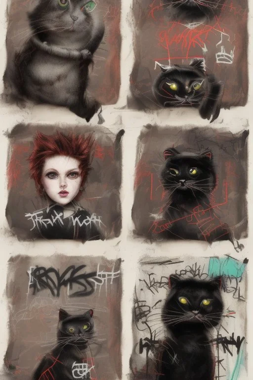 Act like a book cover designer. Use graffiti style. First plan: Three teenagers (13-15 years old) with a grimy black cat. Two boys- redhead, chubby, low, skinny, high, neutral emotion. The girl with brownhair. Second plan: punk rocker with red mohawk at the brick wall with green door. Enviroment: old town.