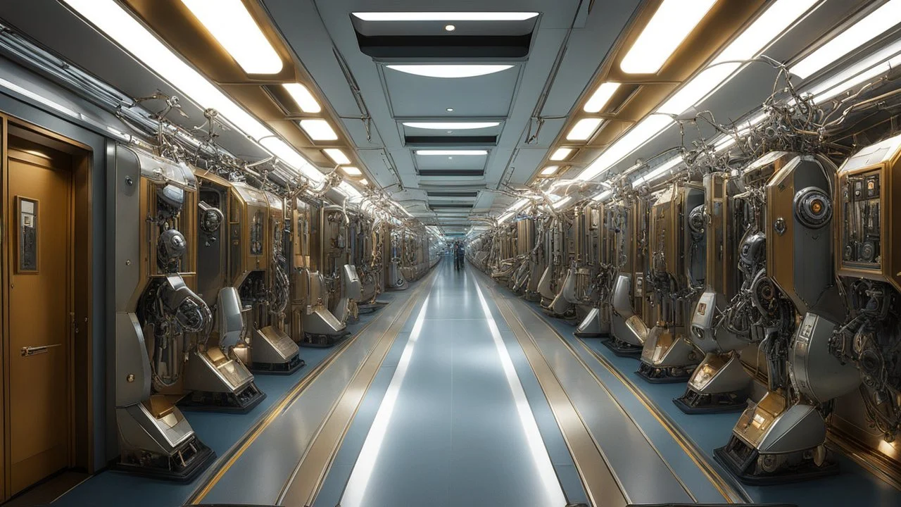 The corridor hums with a strange energy, as if the Dali-inspired robots are alive with their own brand of surreal consciousness. Clockwork limbs twitch sporadically, eyes gleam from unexpected angles, and metallic surfaces seem to shift and melt in the dim lighting of the ship. The line of robots in the Enterprise corridor serves as a reminder of the boundless creativity and innovation that permeates the Star Trek universe. Each mechanical being carries a hint of Dali's eccentricity, a touch of